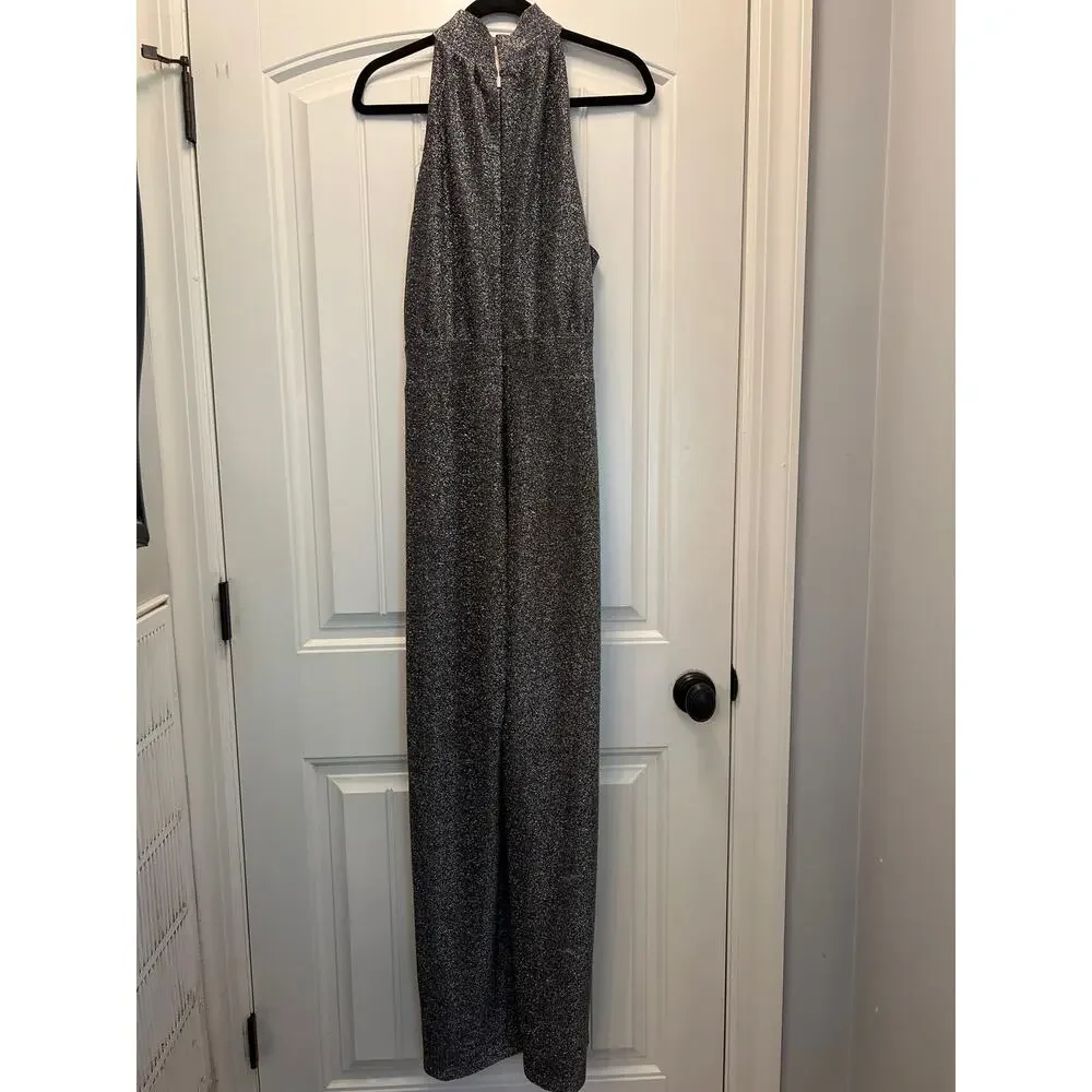 NWT Michael Kors Women’s Halter‎ Neck Lurex Twist Jumpsuit Size XL Silver Gray